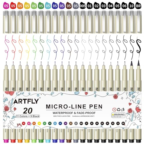 ARTFLY Micro Fineliner Stifte Set, 20er-Pack mit 11 Farben in 0,45 mm und 9 Schwarztönen in 0,2–1 mm feiner Linie, wasserfeste Archivtinte, Micro-Fine-Point-Stift, Zeichenstifte für Anime-Journaling