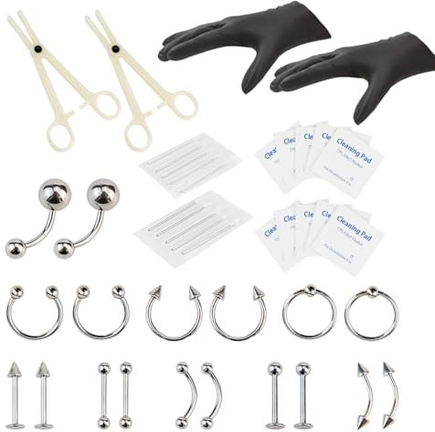 LNQ LUNIQI Piercing Set Silber Selber Stechen, 42 Stück Piercing Bauchnabelpiercing Kit mit Piercing Nadel Werkzeuge für Nase Septum Bauchnabel Lippe Zunge Ohr Piercing (Silber, mit Handschuhe)