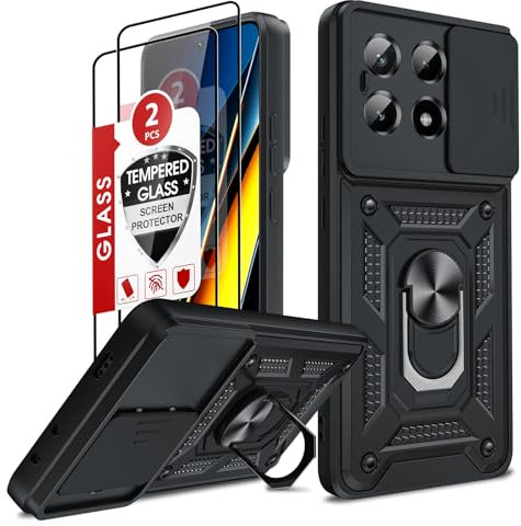 LeYi Funda para Xiaomi Poco X6 Pro 5G con [2-Unidades] Cristal Vidrio Templado, Carcasa Cubierta de cámara Deslizante Proteger Anillo Soporte Silicona TPU Armor Bumper Case, Negro