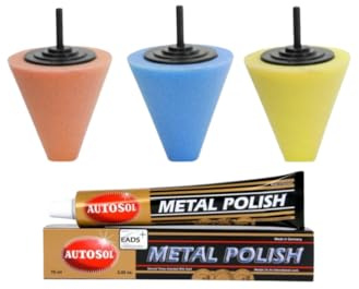 Lux Metal - Polierset mit 3 Schwammkegeln (Orange, Blau, Gelb) + 1 Metal Polish Autosol - Reinigung und Politur von Chrom, Lacken, Metallen und Aluminium für ein perfektes Finish
