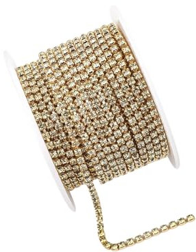 10 Yards 2.5 mm Strassband Strasskette Strasssteine Glitzerband zum Aufnähen Paillettenband Strass Borte Basteln Kristall für Schmuck Machen Nähen DIY Hochzeits Deko (Golden)
