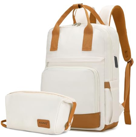 KONO Rucksack Damen, Groß Laptop Rucksack Schulrucksack Laptoptasche Backpack Wasserdichter für Studenten Reisen Arbeit Frauen(weiß)