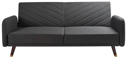 Beliani 3-Sitzer Sofa klappbar Kunstleinen schwarz gesteppt Schlafsofa Retro-Stil Senja