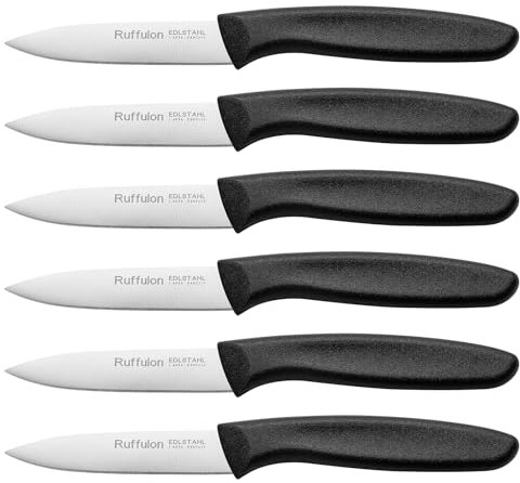 Ruffulon Straight Edge Paring Knife Set of 6, Stainless Steel Small Kitchen Knife, Ultra Sharp Peeling Knife, Fruit Knife with Black Plastic Handle,Rust Prevention