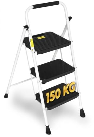 HYTAMA TOOLS Escabeau à 3 Marches, Échelle Stable en Acier Léger et Portable, Blanc