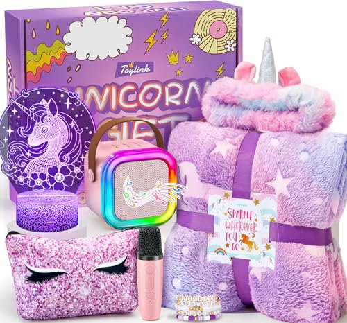 Regali Unicorno per Ragazze 6 7 8 9 10 Anni Macchina Karaoke Bambini Microfono con Altoparlante Coperta Luminosa Unicorno Lampada Notturna Cerchietto Braccialetti Regalo Compleanno Giocattolo Ragazze