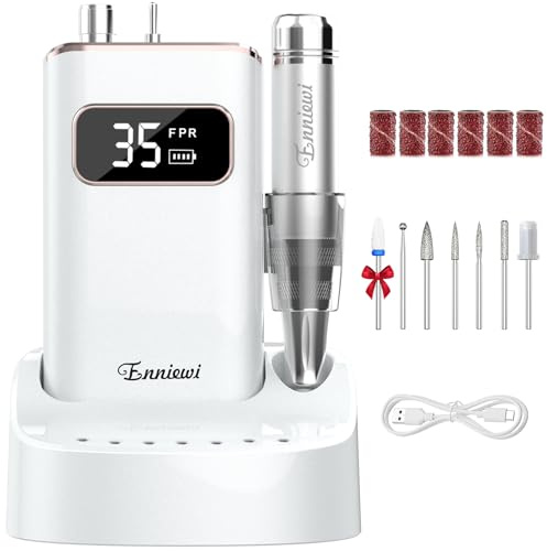 Enniewi Ponceuse pour Ongles Professionnel avec Station de Charge Auto, Recharge à Tout Instant, 35000RPM Sans Fil pour Gel Acrylique, Kit Manucure 7 Embouts Portable pour Salon Maison, Blanc