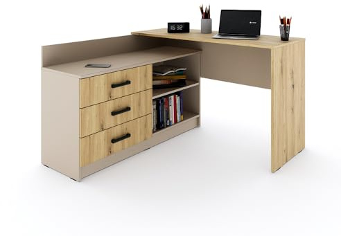 Marlux-Meble Schreibtisch Sigma mit Schubladen 3 und Regalen 2 | Eckschreibtisch (L Form Schreibtisch 131x120x76 cm) (Kaschmir/Artisan-Eiche)
