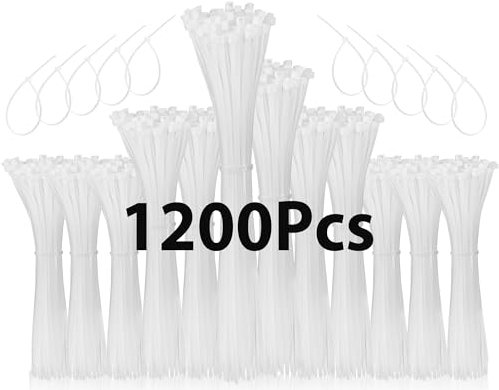 1200 Pezzi Fascette Plastica, 100/150/200/250mm Fascette Elettricista, Fascette Bianco Resistente Allatemperature, Resistenza alla rottura 18 kg per Gestione dei Cavi Elettrici, Fili, Giardinaggio