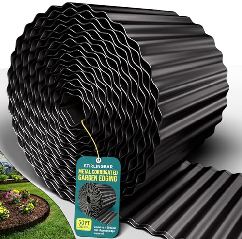 50FT Black Corrugated Metal Landscape Edging – Flexible & Rustproof Garden Edging Border, Decorative Metal Trim for Flower Beds, Lawn, Driveway, Walkway & Raised Beds