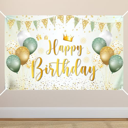 XRVRILE Geburtstagsdeko Grün Gold und 1 Stück Macaron-Ballon, Banner Geburtstag 180 x 110cm, Happy Birthday Deko Große Happy Birthday Banner für Mädchen Jungen Party Deko