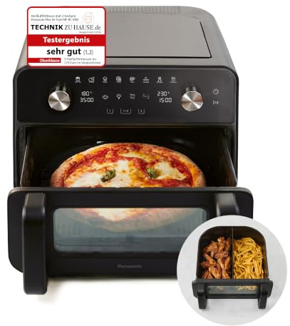 Panasonic NF-BC1000 Flex Air Fryer mit Sichtfenster, XL Flexibler Garkorb, Herausnehmbarer Trennsteg für 2 Garzonen, 9,6 Liter, 30–230 °C, Schondampf, 8 Voreinstellungen, leicht zu reinigen, Schwarz