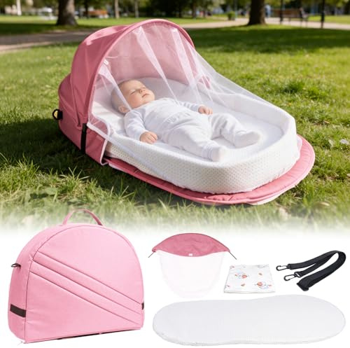 Verdego Reisebett Baby 34x84x10cm, Baby Reisebett 2 in 1 Klappbarer, Kinderreisebett mit Moskitonetze, Matratzen, Wickeltuch, Portable, Atmungsaktives, Travel Krippe für Reisen & Zuhause(Rosa)
