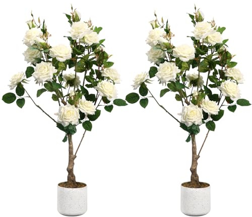 GarveeLife 2 Stück Künstlicher Rosenblütenbaum, Rosa/Weiß, Deko Rosenpflanzen Für Drinnen Und Draußen, 75/80/90/105/120/150Cm Hoch, Künstlicher Baum Mit Natürlichem Holzstamm Und Lebensechten Blumen f