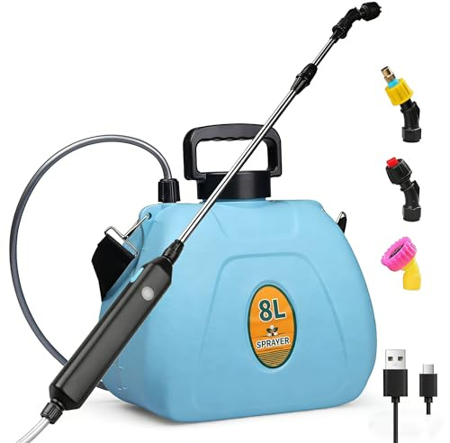 Qdreclod 8L Drucksprüher Elektrisch, Akku Gartenspritze mit Hochdruckpumpe, 1500mAh USB-Aufladbar, 3 Düsen & Teleskopstab für Garten, Rasen, Hecken, Unkrautvernichtung, Bewässerung (Blau)