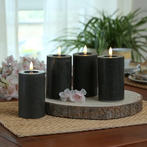 ADILINA LED Kerzen Rustik-Optik 4er Set schwarz Echtwachs Stumpenkerzen mit Timer flackernde Flamme Kerzenset 7x11cm Wachskerzen (Set 4x11cm - D: 7cm)