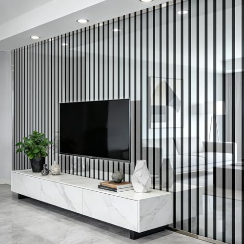 Snewvie Silver Mirrored Self Adhesive Wallpaper, 2.2mm Thick 3D Striped Mirror Wallpaper Peel and Stick, Waterproof Soundproof Decorative Wall Paper for Living Room Bedroom(1 Roll 40x300cm)