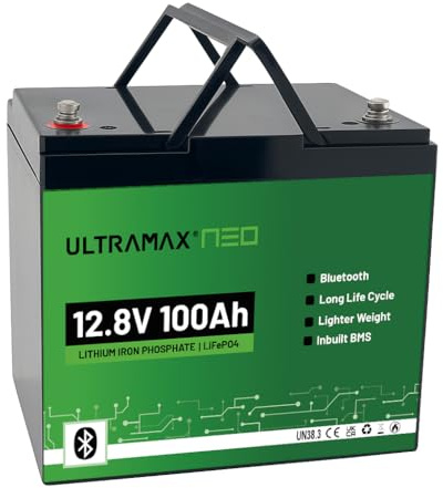 ULTRAMAX Neo 12V 100Ah LiFePO4 Lithium Battery with Bluetooth Monitoring – RV, Solar, Marine Use