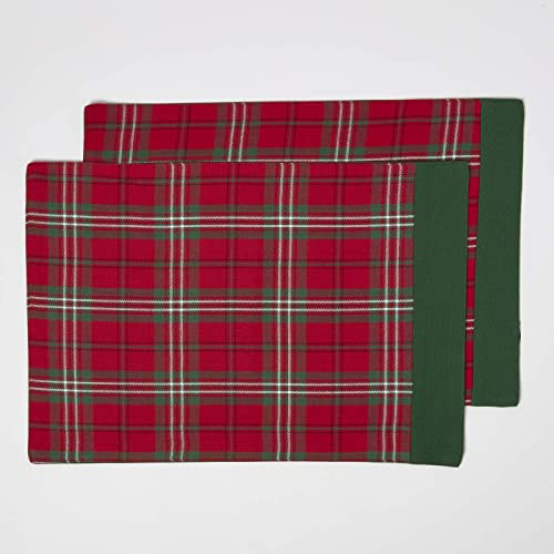 HOMESCAPES 2er-Set Karierte Platzsets Edward Tartan 30x45 cm, rot-grüne Tischsets aus Baumwolle, Schottenkaro Stoff-Platzdeckchen waschbar