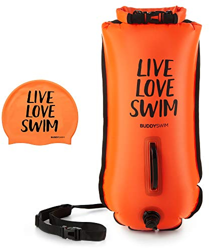BUDDYSWIM 28 L Set di Boa Nuoto Acque Libere e Cuffia. Boa Nuoto per Nuotare in Acque Libere con Borsa Impermeabile e Cuffia in Silicone. Ideale per Nuotare nel Mare. Arancione