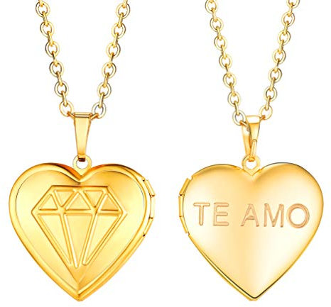 PROSTEEL Collier Femme Coeur Plaqué Or Pendentif Médaillon Porte-Photo avec Motif Diamant Gravure Te AMO