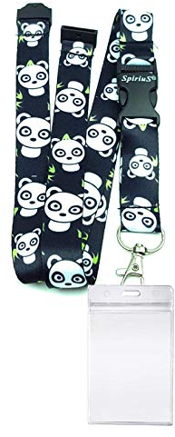 SpiriuS - Cordino da collo con chiusura a cerniera, impermeabile, in plastica trasparente ( Panda su sfondo nero + supporto impermeabile)