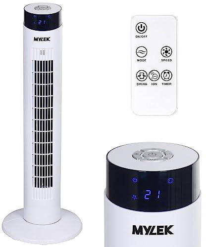MYLEK Ventilador de torre de 34 pulgadas, oscilante, sin aspas, enfriador de pie con temporizador de control remoto e ionizador, función nocturna silenciosa para dormitorio, 3 ajustes de enfriamiento,