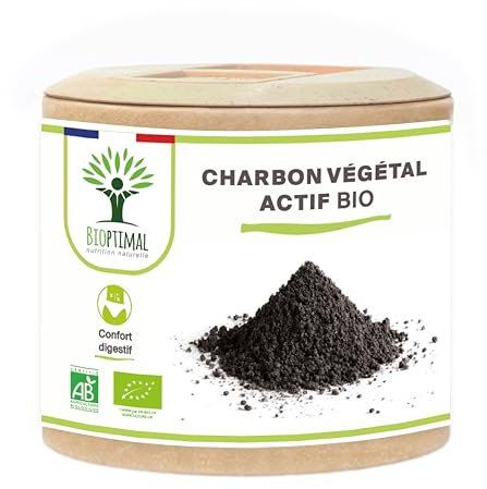 Charbon Végétal Actif - Bioptimal - Complément Alimentaire - Ventre Plat Digestion Anti-Ballonnement Gaz - 150 mg de Poudre Active Pure par Gélule - Fabriqué en France - Certifié Ecocert - 60 gélules