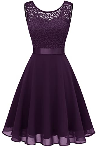 Berylove Mujer Vestido Corto de cóctel Top Falda de Encaje Columpio de Gasa para Boda de Bola BLP7005Grape L