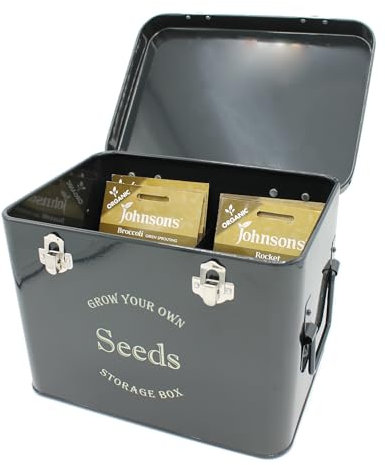Gardening-Naturally Midnight Black Powder Coated Metal Seed Packet Storage Tin