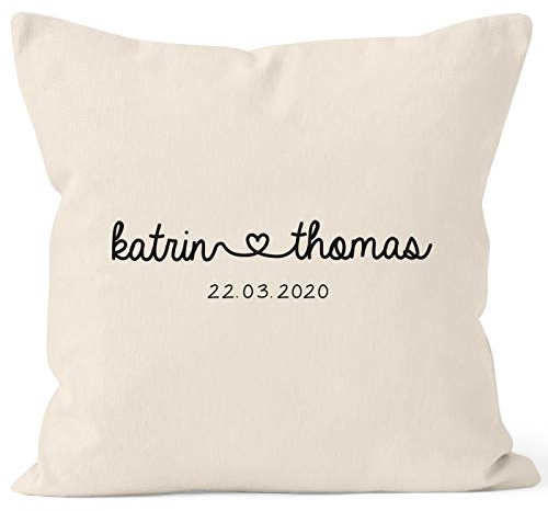 SpecialMe® Kissen-Bezug personalisiert Geschenk Partner Namen und Datum anpassbar Hochzeitstag Hochzeitsgeschenk Liebe Liebesgeschenk Dekokissen Natur Unisize