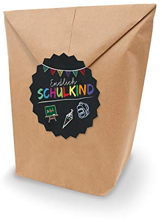 itenga SET 10x Geschenkverpackung Einschulung Geschenktüte XL aus Kraftpapier inkl. Deko Holzklammern und Sticker Aufkleber Endlich Schulkind Tafel rund