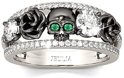 Jeulia Schädel Ringe Sterling Silber Rundschliff Diamant Ring Schwarz plattierte Blumen Eheringe mit Smaragd Birthstone CZ Versprechen Verlobungsjubiläumsringe mit Schmuckbox (Schwarz, 68 (21.8))