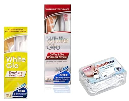 White Glo Smokers and Coffee + Tea Drinkers Formula Toothpaste 100 ml Set of 2 (with Sanitral 50 Pcs Dental Floss Stick Included as a Gift)