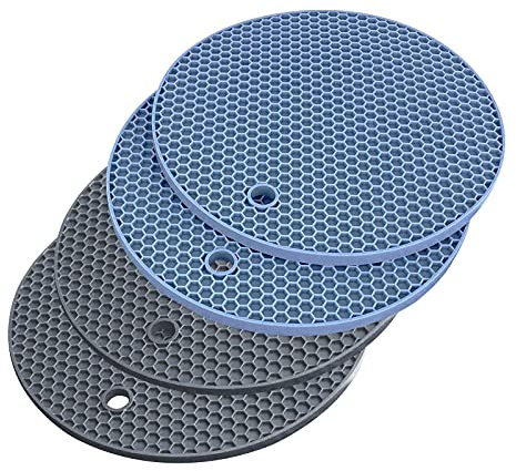 WYE 4 PCS Silikon Topf Untersetzer, Topfuntersetzer Hitzebeständig bis 230°C, Pot Holder Anti-Rutsch, Tasse Trockenmatte Grau & Blau, Topflappen Durchmesser 14CM