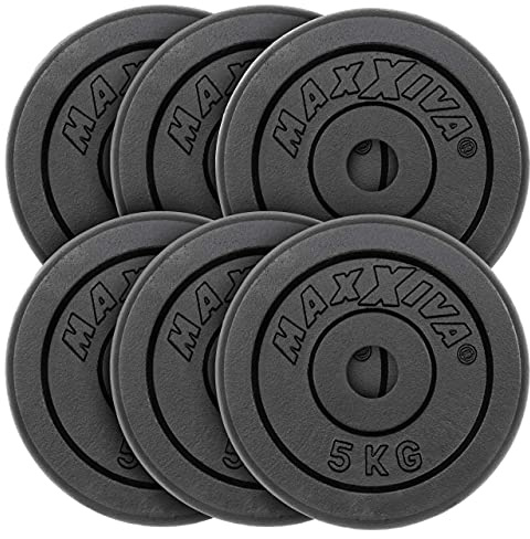 MAXXIVA Hantelscheiben 6er Set Gewichtsplatte je 5 kg Gusseisen schwarz 30 kg Fitness Krafttraining Bodybuilding Workout Gewichtheben Reha