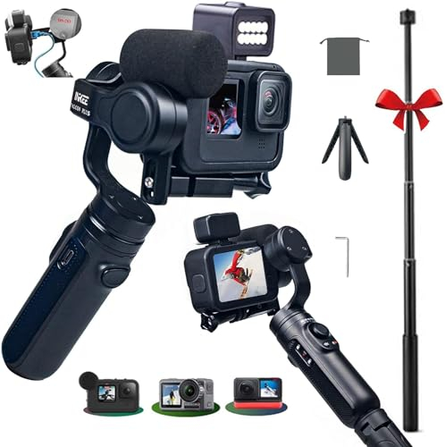 Stabilizzatore a 3 assi Gimbal Supporta MEDIA MOD compatibile per GoPro Hero 12/11/10/9/8/7/6/5/4/3, DJI OSMO Action, Insta360 ONE R, Sony RX0, funzione di ricarica inversa