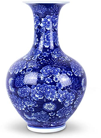 Dahlia Blumenvase aus Porzellan, Pfingstrose, Blau / Weiß