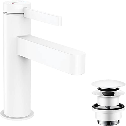 hansgrohe Waschtischarmatur Finoris, Wasserhahn Bad mit Auslauf Höhe 100 mm, mit Push-Open Ablaufgarnitur, Badarmatur wassersparend, Mattweiß