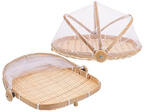 Yardwe Heizung Abdeckung Goldener Obstkorb Mit Fliegenschutz 2Pcs Hand Woven Lebensmittel Portion Picknick Lebensmittel mit Mesh Gaze Abdeckung für Brot Tablett Abdeckhaube Insekten Obstabdeckung