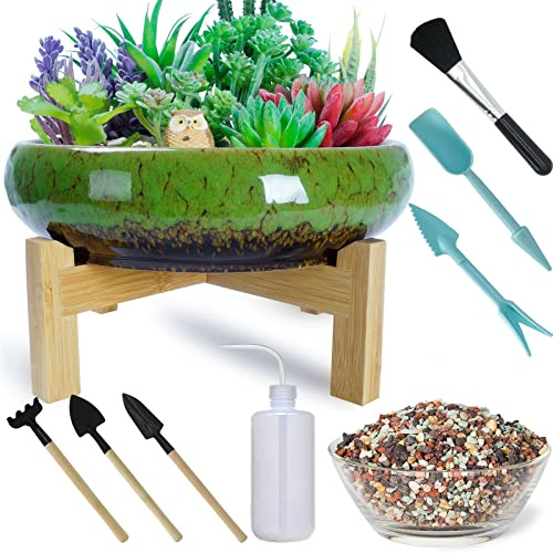 Macetas suculentas Grandes con macetas suculentas de Drenaje con Juego de Herramientas de plantación y guijarros Mixtos de 2.2 LB - Maceta de cerámica para bonsái para Maceta de Flores de Cactus