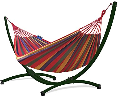 Potenza Outdoor Hängematte mit Gestell für 2 Personen I Baumwolle Doppelhängematte XXL 220x160, 200kg I Hängemattengestell 220kg, wetterfest (Rot, Gestell Grün)