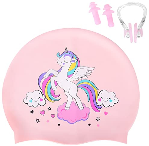Ulikey Cuffia da Nuoto Bambini, Cuffia da Piscina Bambina in Silicone, Cuffia Piscina Bambino Elastico Impermeabile Antiscivolo con Tappi per Orecchie e Clip per Naso per Ragazzi Ragazza (Unicorno)