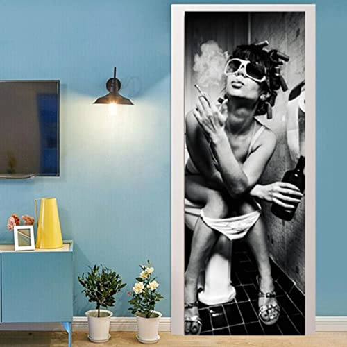 Türtapete Selbstklebend Türposter,Türtapete 3D Sexy Frau, die Toilette raucht Türfolie für Tür Wohnzimmer Schlafzimmer Küche und Bad 77x200cm PVC Abnehmbar WasserdichteTüraufkleber