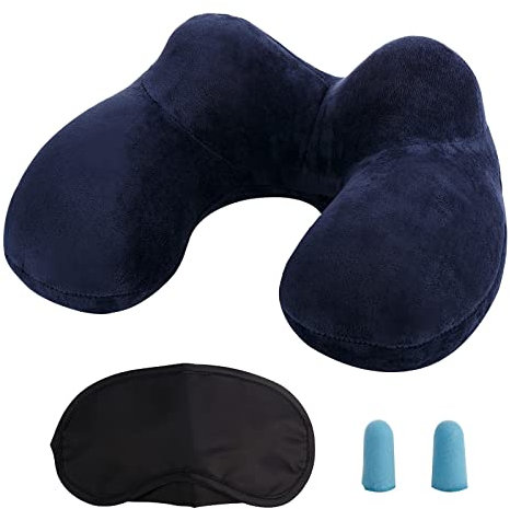 LUZWAY Cuscino da Viaggio Gonfiabile Cuscino Cervicale Collo Cuscini di Supporto Travel Pillow con Federa Lavabile, Inclusa Tappi per Le Orecchie, Maschera, per Viaggi Aereo Auto Treno Ufficio,Blua