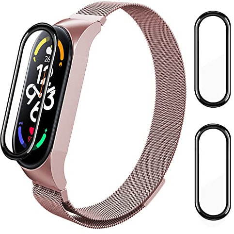 ASDONAL Correas Acero Inoxidable Compatible con Xiaomi Mi Band 7 y Xiaomi Mi Band 7 NFC, Correa Metalica Magnético de Repuesto y 2 Protectores de Pantalla para Mi Band 7 y Mi Band 7 NFC (Rosa)