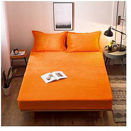 Microfaser Spannbetttuch Cashmere Touch Spannbetttuch Winter Flauschig und Weich Flanell Bettlaken 150x200 180x200 Grau Grün Blau Lila Rosa 1 Stück (Color : Orange, Size : Fitted Sheet 180x200+25cm