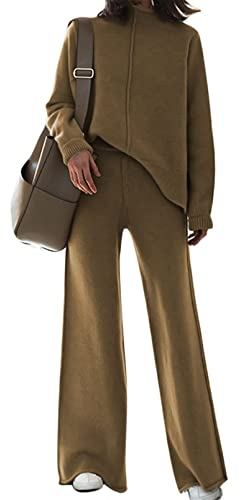 Viottiset Damen Gestrickte Outfits Stehkragen Pullover Weites Bein Hosen Zweiteilig Set Sweatsuit Loungewear Braun S