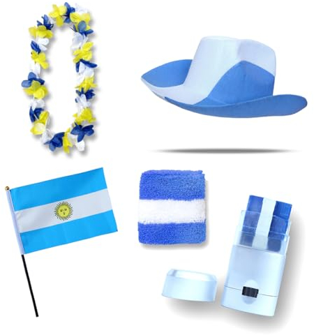 Sonia Originelli Fanset Fanartikel Fanhut Blumenkette Schminkstift Schweißband Fähnchen WM EM Farbe: Argentinien