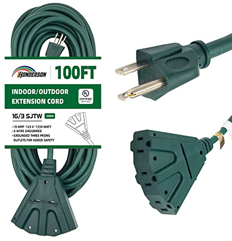 HONDERSON 100 FT Outdoor Extension Cord with 3 Electrical Power Outlets - 16/3 SJTW Durable Green Cable with 3 Prong Grounded Plug for Safety,UL Listed